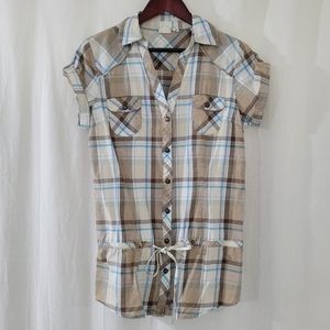 Mudd Tan and Blue Plaid Button Down Shirt
